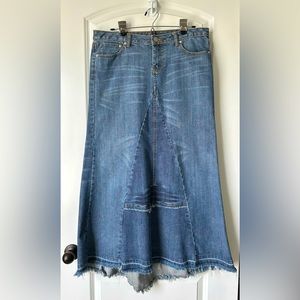 Vintage Miss Bisou Maxi Denim Jean Skirt, hi-low, zipper fly, size 11 junior